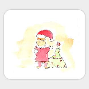 Human in Santa Claus hat near Christmas tree, character. Watercolor illustration on a winter theme, Sticker